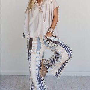 Oli & Hali- Eclectic Striped Patchwork Wide-Leg Pants Blue and Cream
Size M